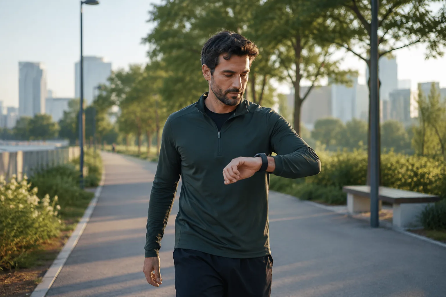 Person checking smartwatch outdoors
