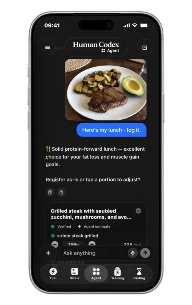 A photo of a meal sent to the Agent, which answers with the foods, portions and macros ready to log