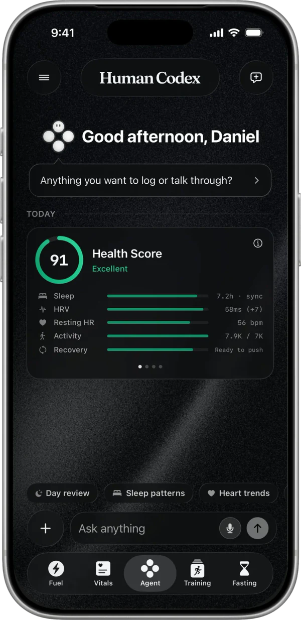 Human Codex Agent home with a Health Score and sleep, HRV, resting heart rate, activity, and recovery signals