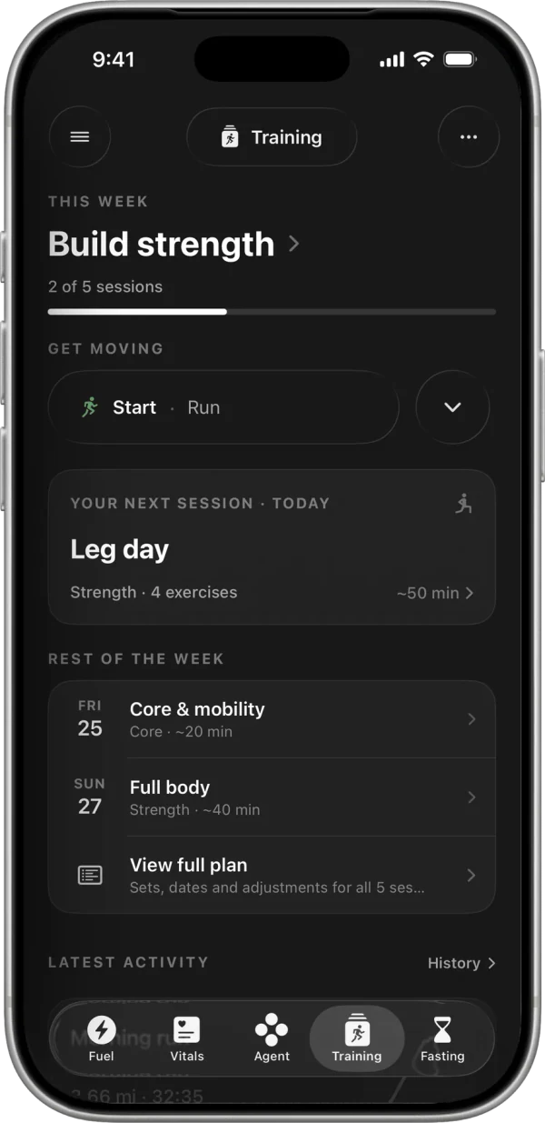 Training home with the week's goal, 2 of 5 sessions done, the next session, and the rest of the week