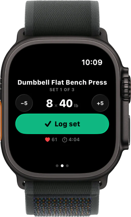 Apple Watch showing an exercise set ready to log with one tap, with heart rate and set time