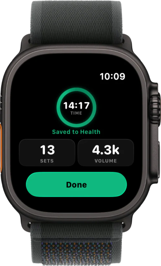 Apple Watch showing a workout summary with duration, sets, and volume saved to Health
