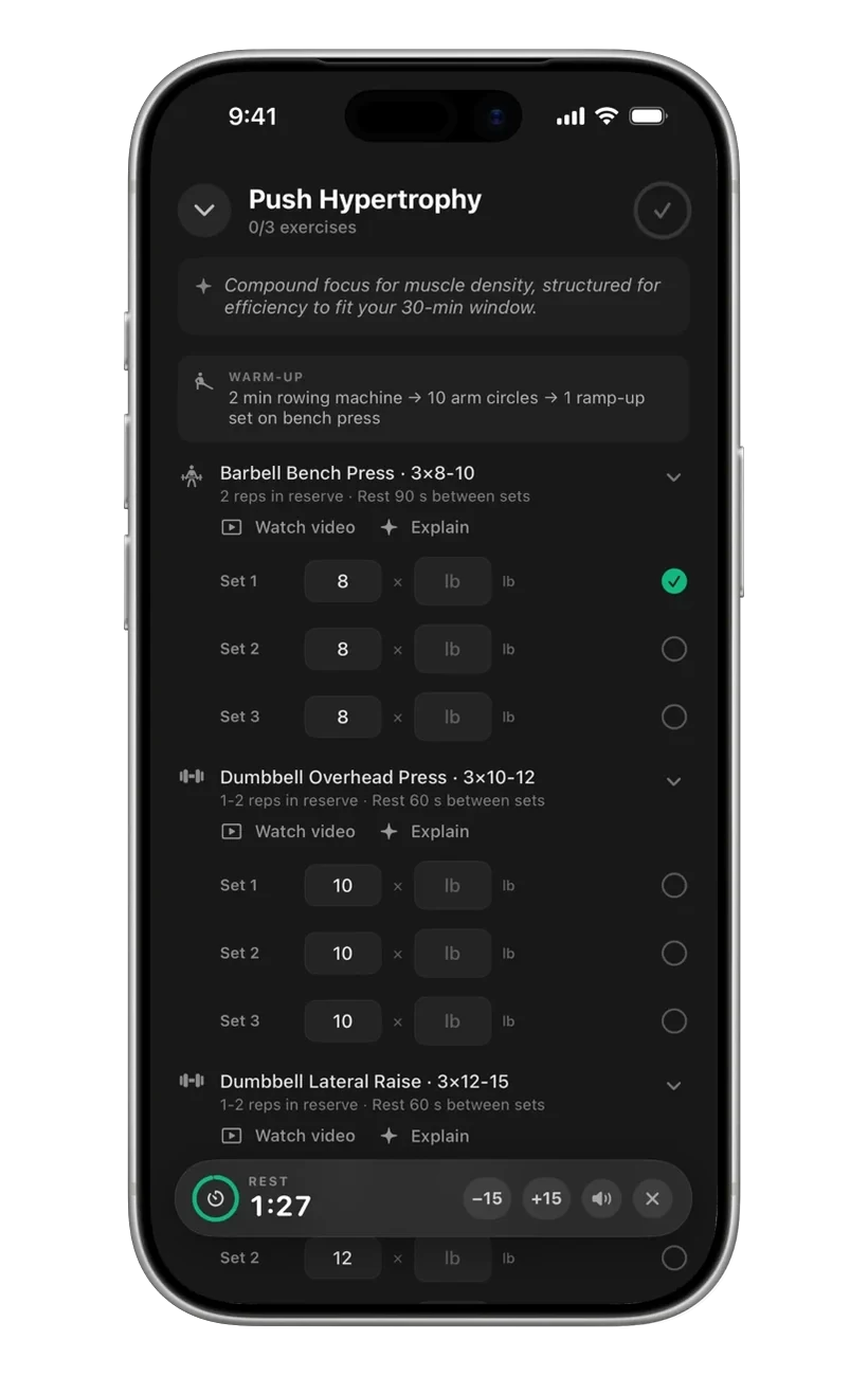 Active training session with set logging and automatic rest timer
